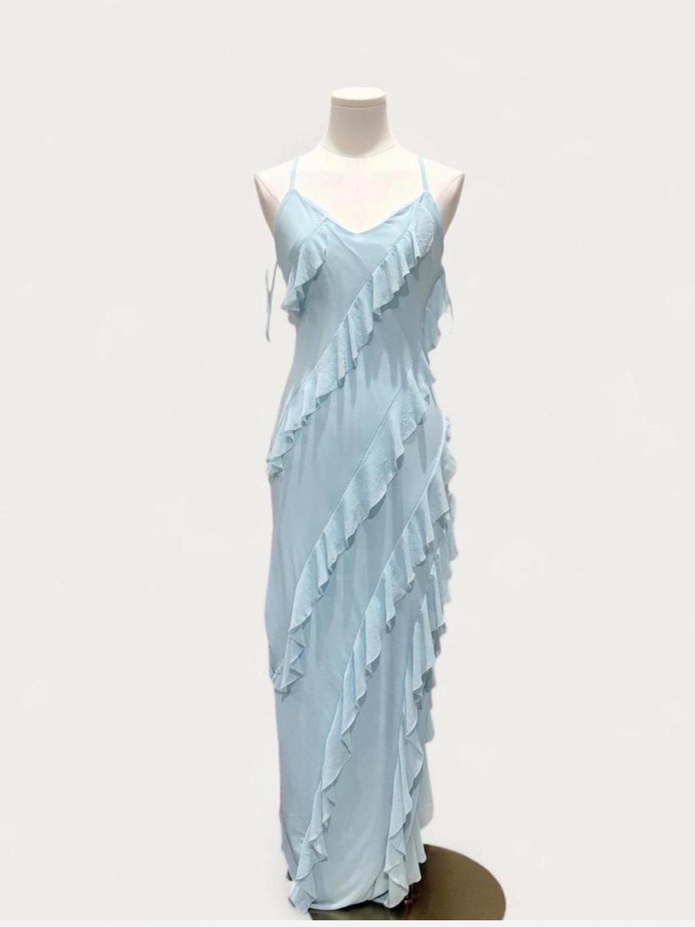 Soft Blue Ruffle Slip Maxi Dress